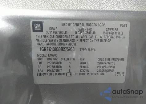 2008 Chevrolet Tahoe Ltz from USA, damaged, VIN 1GNFK13038R275950